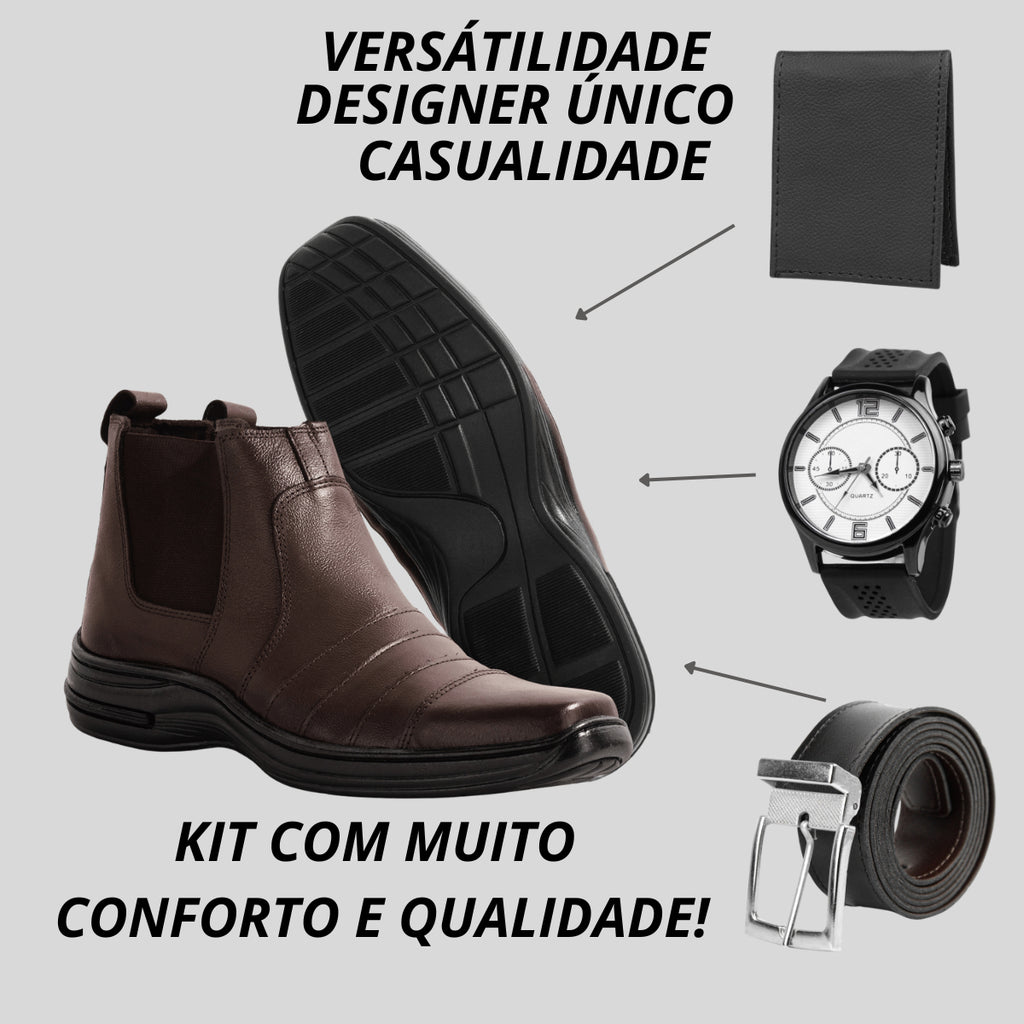 Kit Botina Masculina Couro Legítimo+relógio+carteira+cinto