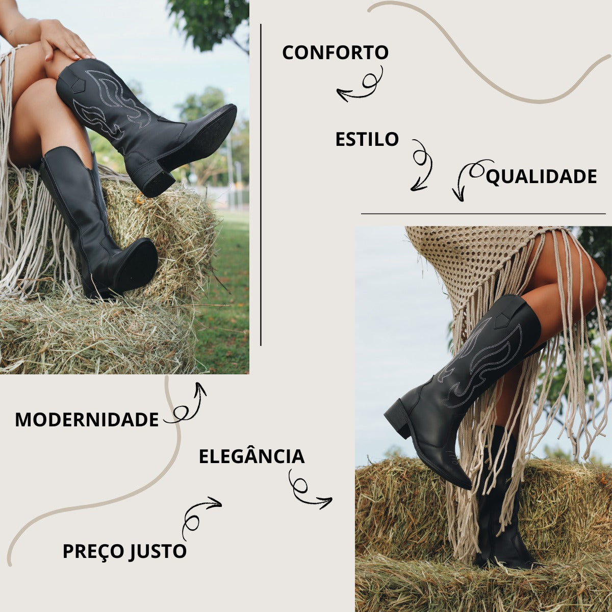 Kit Bota Feminina Country Moderna + Bolsa Porta Celular