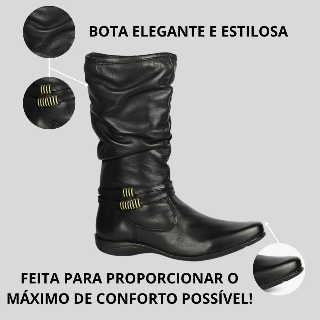 Bota Feminina Cano Médio Enrugado Rasteira Sem Salto Couro