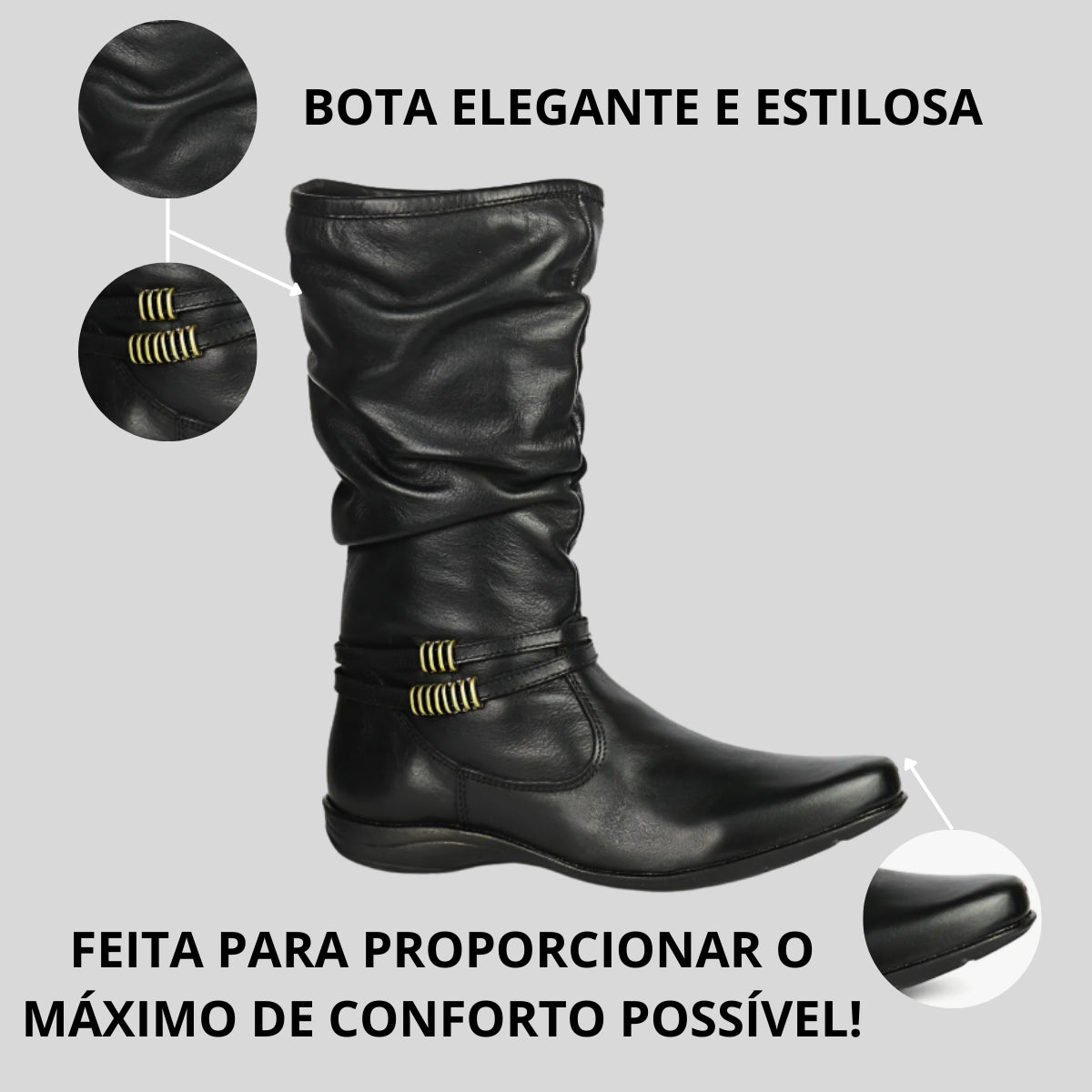 Bota Feminina Cano Médio Enrugado Rasteira Sem Salto Couro