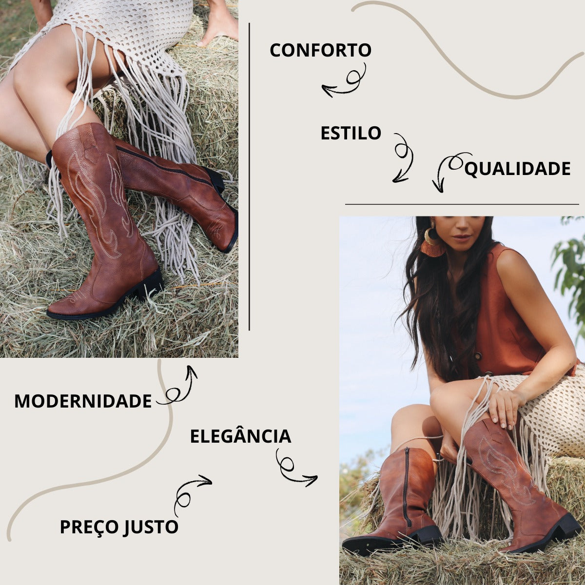 Kit Bota Feminina Country Moderna + Bolsa Porta Celular