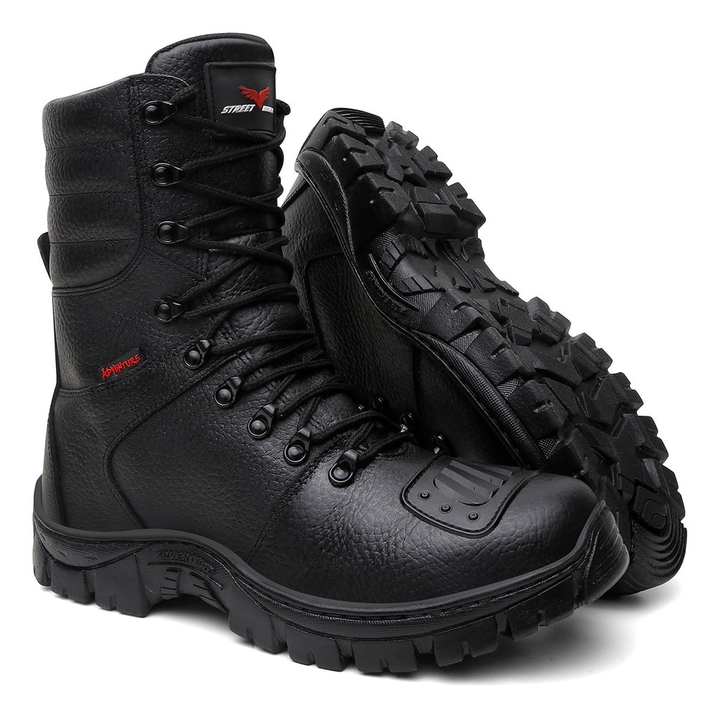 Bota Coturno Militar Couro Solado Antiderrapante + Relógio