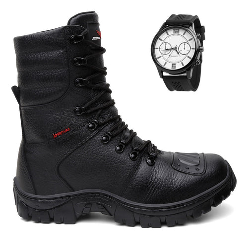 Bota Coturno Militar Couro Solado Antiderrapante + Relógio