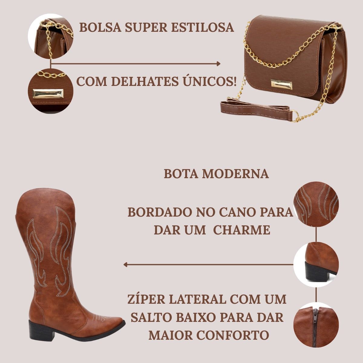 Kit Bota Feminina Country Moderna + Bolsa Porta Celular